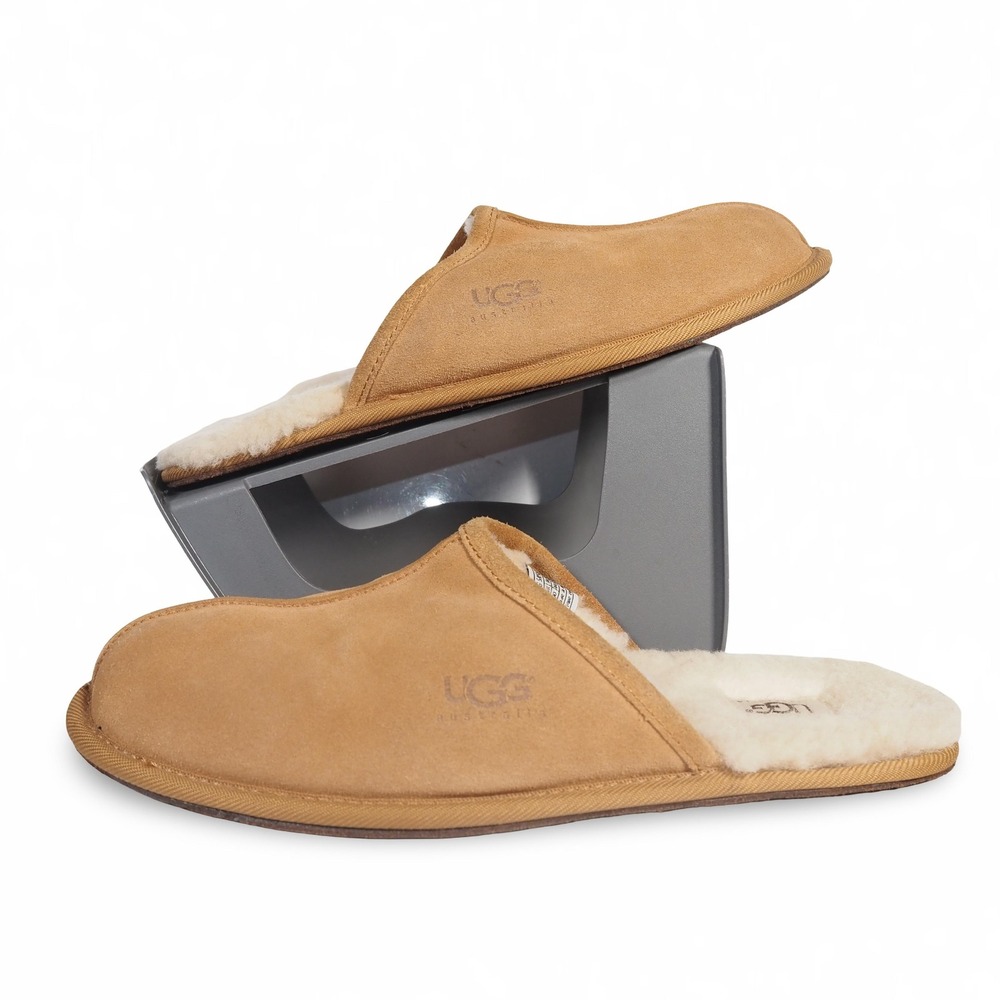 UGG Scuff Slipper Mules Mens 11 Chestnut Brown Suede 5172‎ Sheepskin Lining